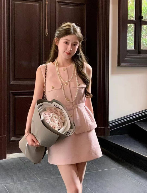 Round Neck Sleeveless Vest With Mini Skirts Tweed Sets